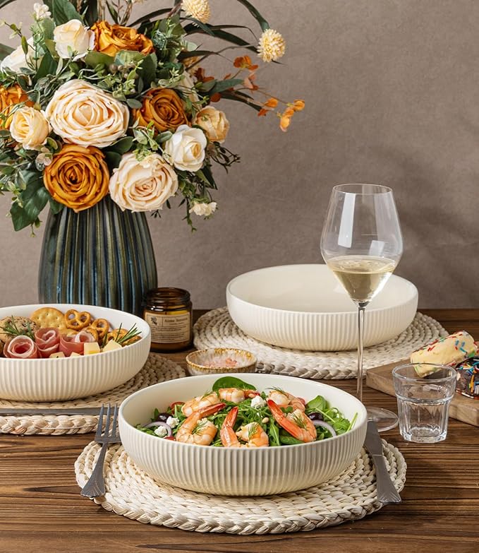 theterra 8.5'' Ceramic Pasta Bowls, Salad Bowls Set of 4, Stoneware Serving Bowls for Fruits, Noodle, Dinner, House-warming Wedding Present, Beige