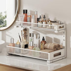 2 Pack 19IN Depth Under Sink Storage Organizer, Large 2-Tier Elegant Mesh Pull Out Shelf for Kitchen and Bathroom Cabinet Organization, L-Shaped and Adjustable Height Design-White