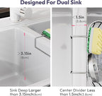 SWTYMIKI Sponge Holder for Kitchen Sink - Movable Kitchen Caddy with M Shape Hook, Stainless Steel Hanging Sponge Caddy for Sponges, Brush, Stopper Organizer in Double Bowl Sink, Silver