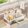 Sink Caddy, Stainless Steel Sink Caddy with Brush Holder, Kitchen Sink Caddy Dishcloth Rack and Holds Soap Dispenser, Sink Organizer Auto-Drain Rustproof Countertop Organizer (White)