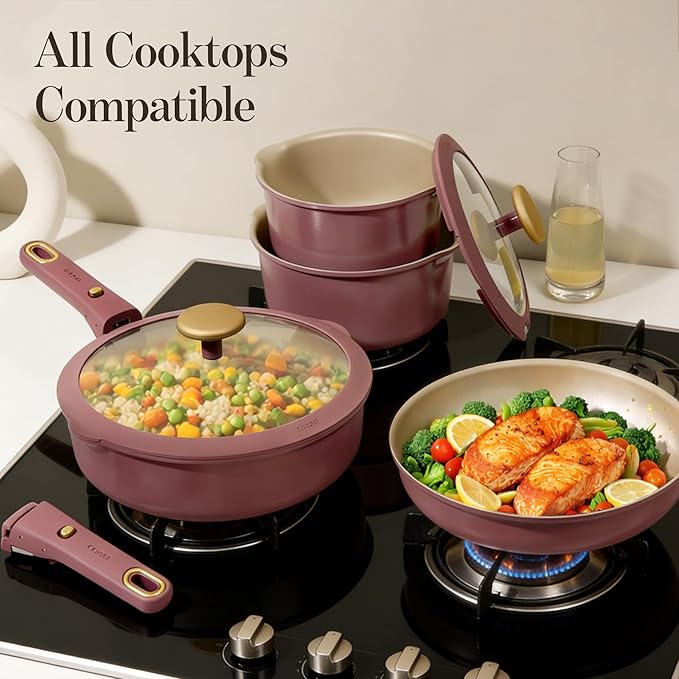 CAROTE 19 PCS Titanium Reinforced Nonstick Cookware Set with Detachable Handle, Pots and Pans Set Induction Compatible, Dishwasher & Oven Safe, Removable Handle, Red