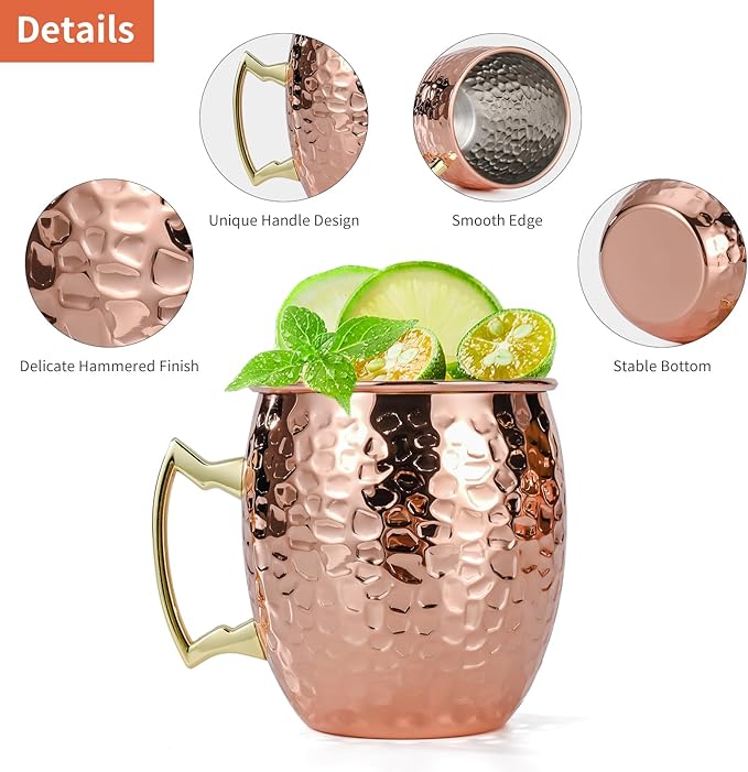 Amrules Moscow Mule Mugs Set of 4, 16 OZ Hammered Copper Cups with 304 Stainless Steel Lining and Gold Brass Handles, for Cold Drinks, Beer, Wine, Bars, Parties