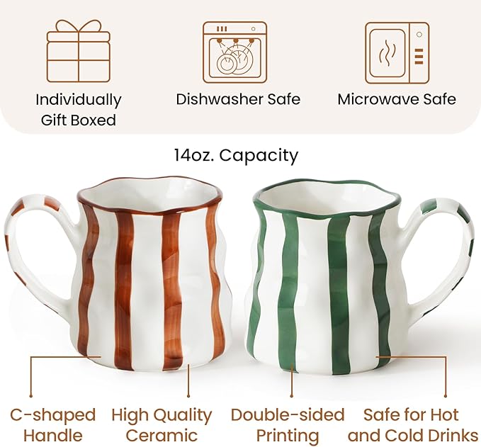 Ceramic Cute Coffee Mugs Set of 2,Cute Mugs For Women,Pretty Mugs(Striped),14 oz Ceramic Large Mugs, Dishwasher Microwave Safe