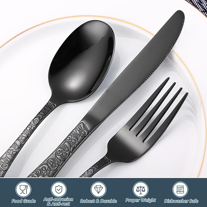 Skull Embossed Silverware Set for 8,OIULO 40-Piece Black Flatware set,Unique Gothic Pattern Design,Mirror Finished Fine Vintage Cutlery,Halloween Tableware Knives Fork Spoon Utensils Kitchen