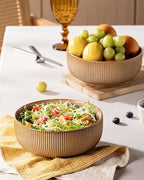 getstar Large Serving Bowls (8 inch & 60 fl oz), Ceramic Salad Bowl Set of 2, Microwave and Dishwasher Safe, Farmhouse Kitchen Decorative Bowls Set (Embossed Stripes, Vintage Yellow)