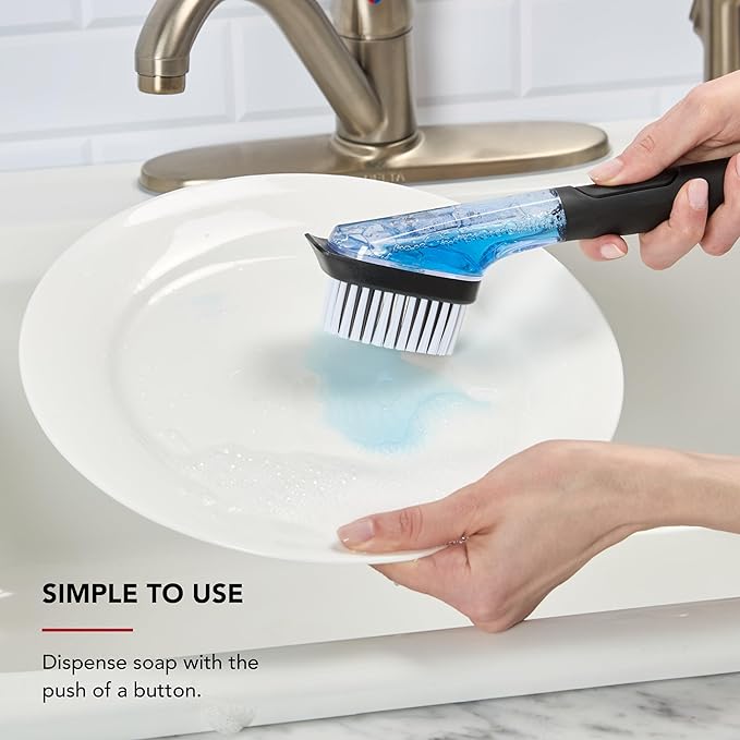 KitchenAid Soap Dispensing Sink Brush with Easy to Fill Handle, Nylon Bristles for Tough Cleaning, Comfort Grip Handle for Non Slip Grip, Black