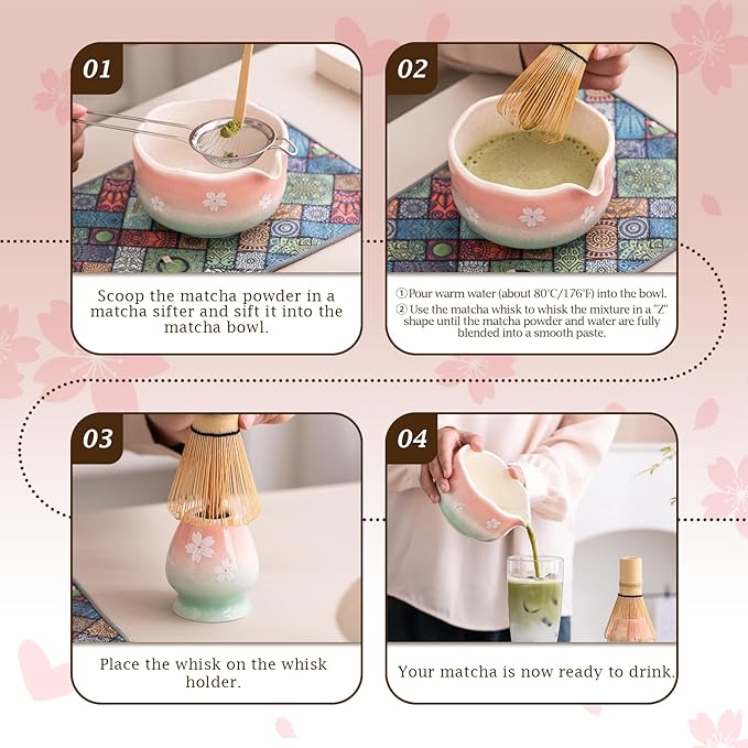 Cherry Blossom Matcha Whisk Set, 7 Pcs Matcha Kit with Ceramic Matcha Bowl with Spout, Bamboo Matcha Whisk And Scoop, Stainless Steel Sifter, Ceramic Holder, Rest And Tea Towel
