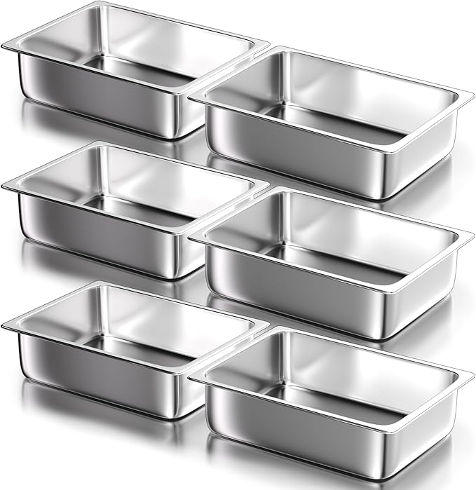 WantJoin Steam Table Hotel Pans - 1/2 Half Size 4 Inch Deep 6 Pack, Stainless Steel Food Storage Container Metal Tray Sets for Commercial Chafing Dishes Restaurant Buffet Catering Supplies