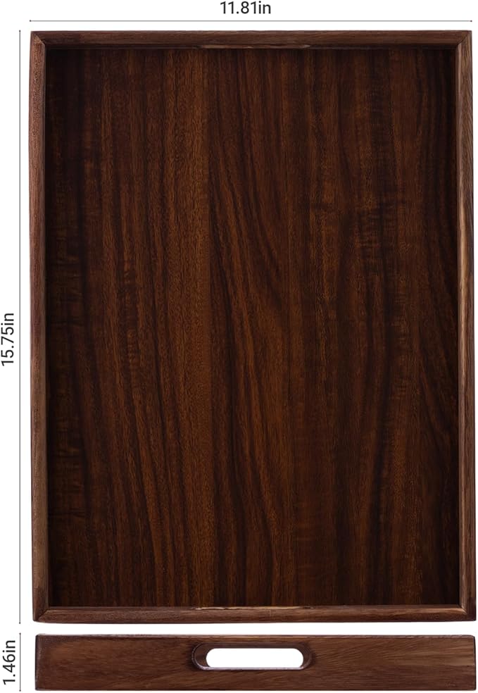 Wooden Serving Tray with Handles, Wood Decorative Trays for Coffee Table Tray, Rectangular Food Trays for Party Platters, Breakfast in Bed, Couch, Ottoman, Dinner, Appetizers, Decor(15.7x11.8x1.6)