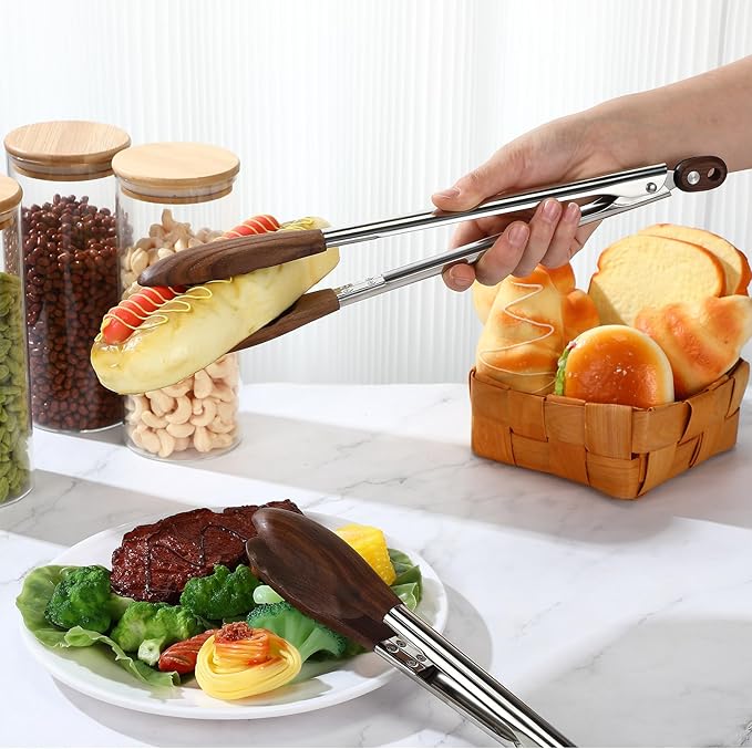 Baderke 2 Pcs Kitchen Tongs for Cooking Wooden Utensil Set Salad Tongs with Wood Tips for Serving Salad Flipping Burgers Grilling and Much More (11.4 Inch and 14.6 Inch,Walnut Wooden)