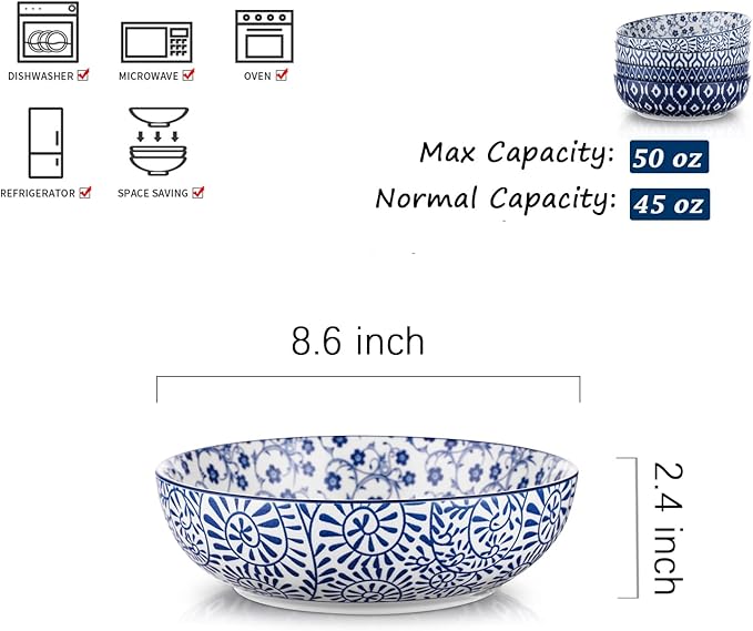 Selamica Ceramic Pasta Bowls Set of 4,Large Salad Bowls, Stackable Serving Bowls, Microwave Dishwasher Safe, 8.6 inch，50 OZ,Vintage Blue