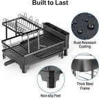 GSlife 2 Tier Dish Drying Rack with Drainboard, Expandable Large Dish Drainer for Kitchen Counter, Rust Resistant Dish Drainer with Cup Holder & Utensil Holder, 12.6" W x 18.7"-25.2" L, Black