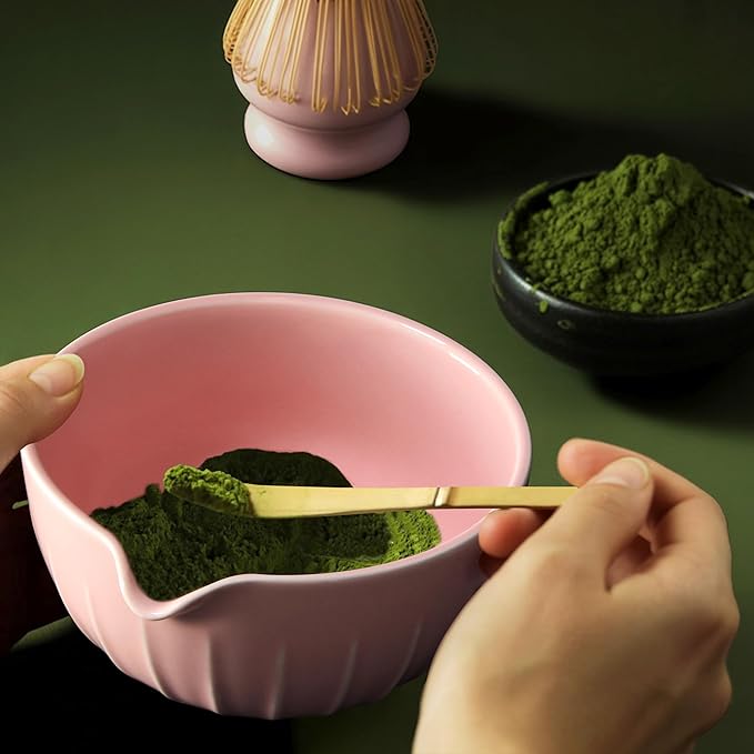Matcha Whisk Set 7 Pcs - Ceramic Matcha Set with Bowl, Whisk, Holder, Bamboo Scoop, Rest, Sifter, and Tea Towel – Elegant Matcha Kit Gift for Women