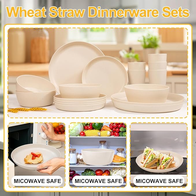 EI 24pcs Wheat Straw Dinnerware Set, Beige Wheat Straw Plates, Reusable Unbreakable Plates for Camping, Picnics & Family Dinners