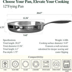 Umite Chef 12 inch 5 Ply Stainless Steel Frying Pan Non-Toxic PFOA&PTFE Free Skillets, Professional Cookware- Oven Safe & Induction Compatible, Fast & Even Heat, Heavy Duty, Cool Grip Handles