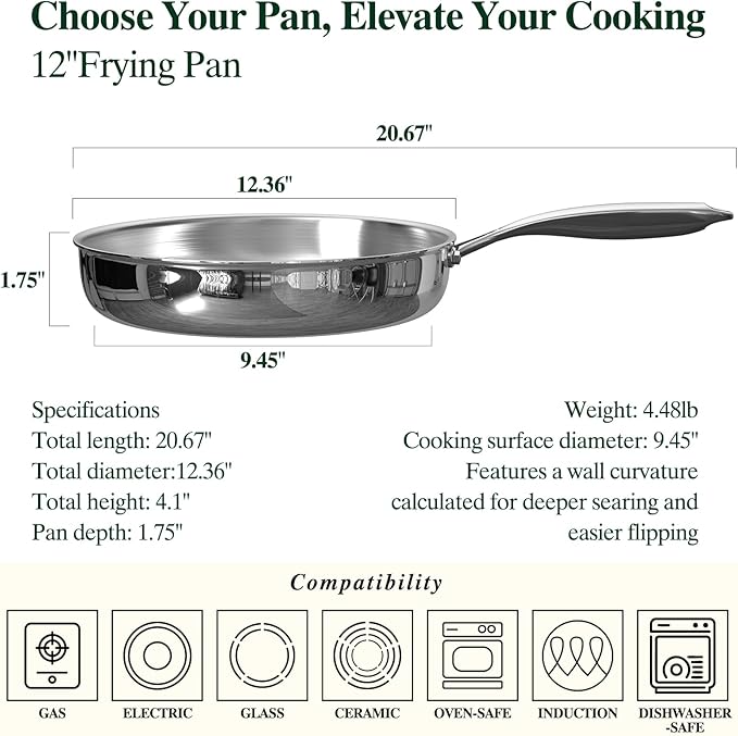 Umite Chef 12 inch 5 Ply Stainless Steel Frying Pan Non-Toxic PFOA&PTFE Free Skillets, Professional Cookware- Oven Safe & Induction Compatible, Fast & Even Heat, Heavy Duty, Cool Grip Handles