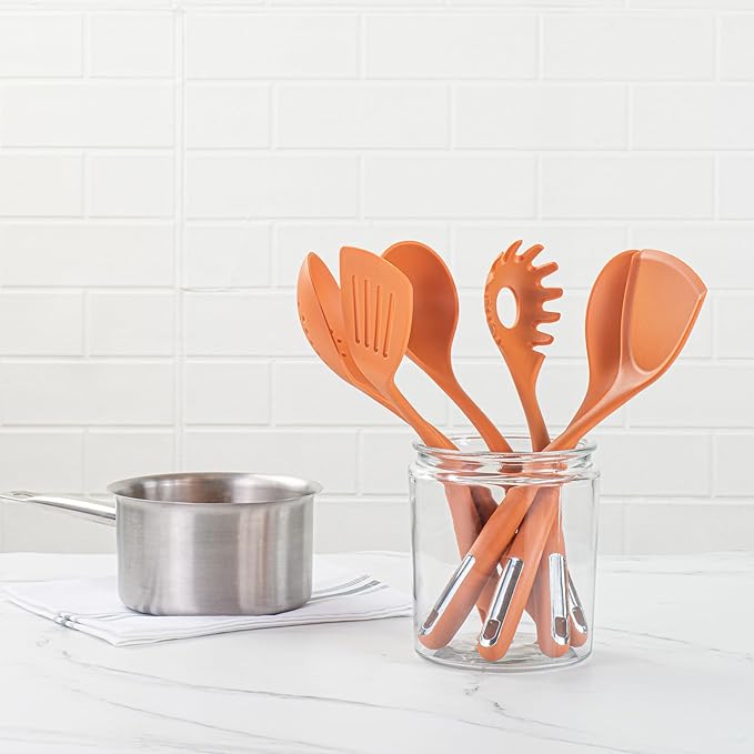 Restaurantware Silicone Utensil Set Pack of 1 Non-Slip Handle 6-Piece Kitchen Tool Set, Heat-Resistant Dishwasher-Friendly Cooking Accessories, Durable Orange Cooking Utensils