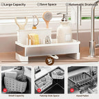 Sink Caddy, Stainless Steel Sink Caddy with Brush Holder, Kitchen Sink Caddy Dishcloth Rack and Holds Soap Dispenser, Sink Organizer Auto-Drain Rustproof Countertop Organizer (White)