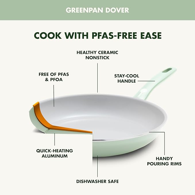 GreenPan Dover 12” Frying Pan Skillet, Non-Toxic PFAS-Free Ceramic Nonstick Coating, Sear Saute Fry Egg Omlete, Dishwasher & Oven Safe, Stay Cool Handle, Easy Pour Rims, Pastel Green