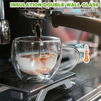 Double Walled Glass Coffee Mugs Set of 2, 8 oz Hand Blown Insulated mugs with Handle, Clear Coffee Mugs for Cappuccino, Latte, Espresso, Americano, Tea Bag, Beverage Glasses Heat Resistant Coffee Cups