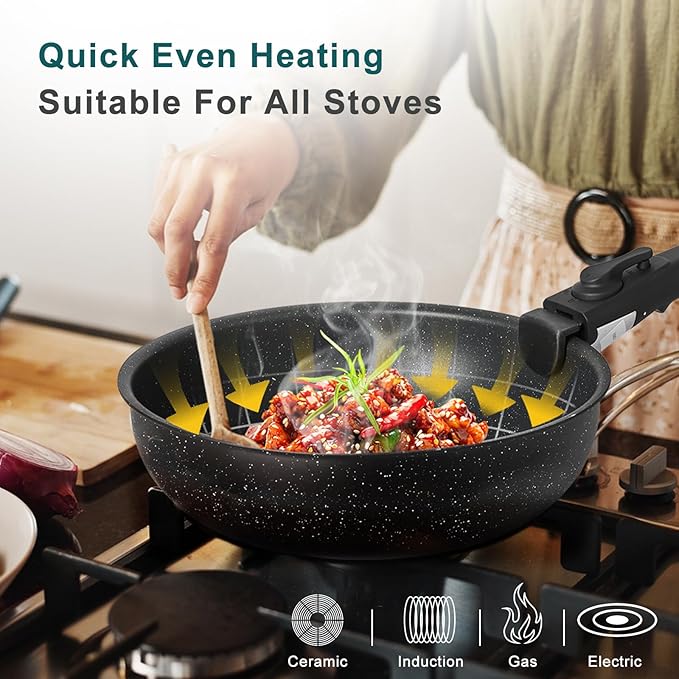 NEWBULIG 12-Piece Pots and Pans Set, Nonstick Cookware Set with Detachable Handle, Non toxic Induction Kitchen Cooking Set, Dishwasher ＆ Oven Safe, RV Friendly, Black