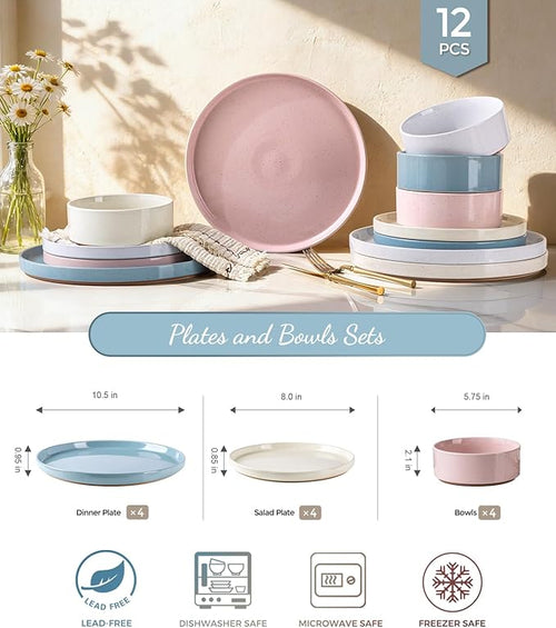 AmorArc Ceramic Dinnerware Set for 4 | Handpainted Stoneware Plates and Bowls with Rustic unglazed terracotta | Scratch Resistant, Dishwasher & Microwave Safe Dishes Sets- 12-Pcs Colorful