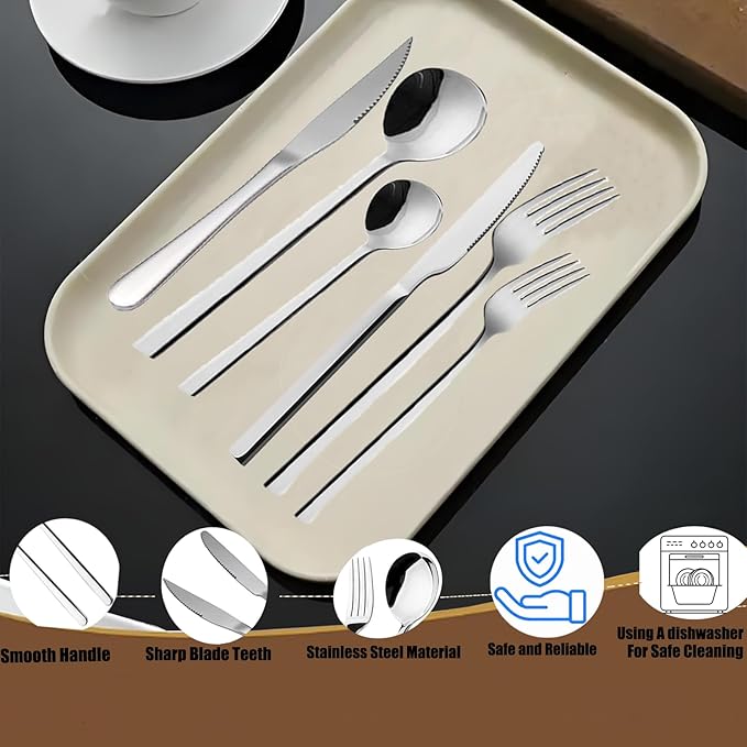 48-Piece Silverware Set, Stainless Steel Flatware Set for 8 - Service for 8 Includes Knives, Forks, Spoons & Teaspoons, Mirror Polished, Dishwasher Safe