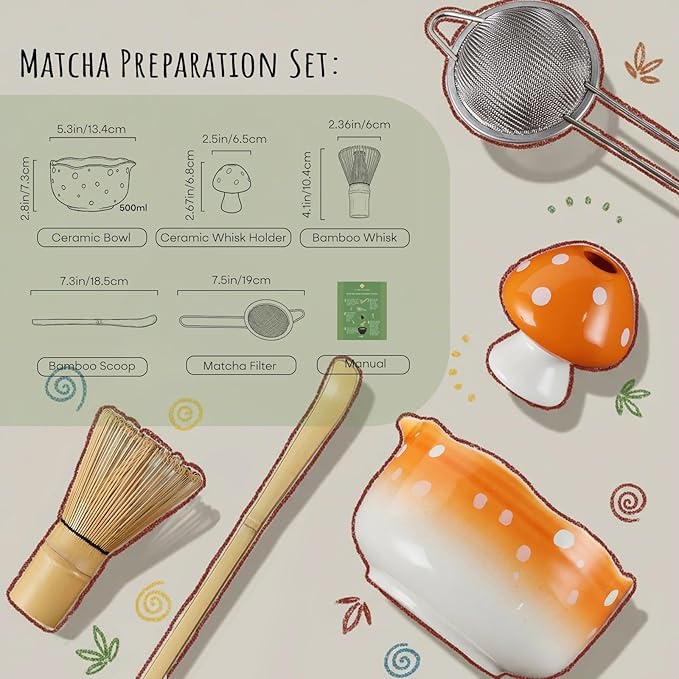 Matcha Whisk Set and Bowl, 5-Pieces Matcha Tea Ceremony Kit with Mushroom Design Gifts for Women Friends Lovers, Bamboo Whisk and Scoop, Orange