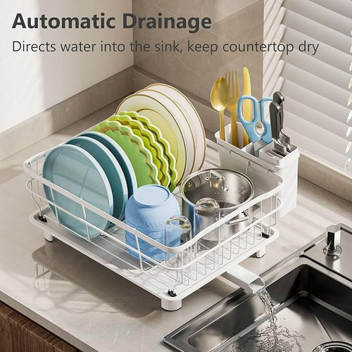 AIDERLY Iron Dish Drying Rack Auto Drain Dish Drainers Kitchen Counter Strainer with Draining Tray, All White