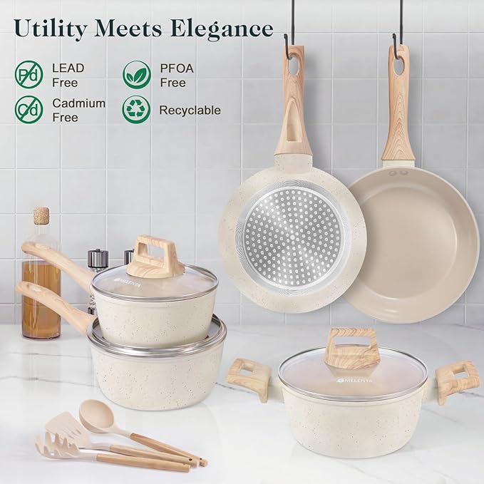 Pots and Pans Set Non Stick, 11pcs Ceramic Cookware Set, Non Toxic Induction Kitchen Cookware Sets, Nonstick Cooking Set with Stay Cool Handle, 100% PFOA Free, Cream