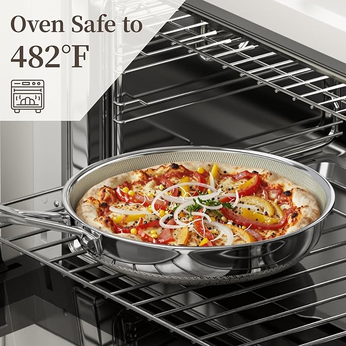 8 Inch Non Stick Frying Pan with Lid, Ceramic Hybrid Tri-Ply Stainless Steel Nonstick Skillet W/Lid, Small No Toxic Cooking Pans Induction Egg Frying Pan W/Stay Cool Handle, PFAS/PFOA/PTFE Free