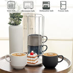 Ceramic Coffee Mugs with Stand,15 Ounce Stackable Coffee Cups Set of 4 for Latte,Cappuccino,Mocha,Cocoa,Ribbed Vintage Coffee Cups for Men Women,Dishwasher & Microwave Safe,Striped Multicolor
