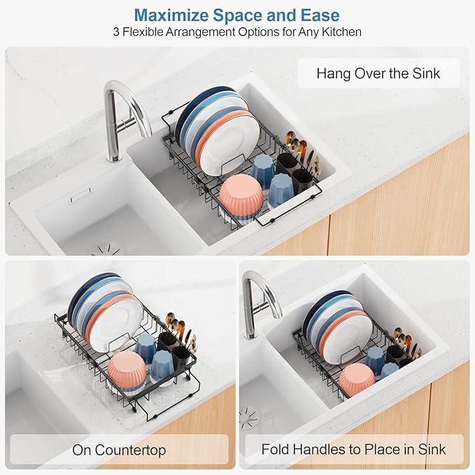 iSPECLE Expandable Dish Drying Rack with Silicone Sink Protector for Kitchen Sink - Heavy Duty Adjustable Over The Sink Dish Drainer, Rust Resistant, Fit for Modern Single & Double Sinks, Black