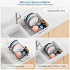 iSPECLE Expandable Dish Drying Rack with Silicone Sink Protector for Kitchen Sink - Heavy Duty Adjustable Over The Sink Dish Drainer, Rust Resistant, Fit for Modern Single & Double Sinks, Black