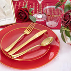 NOCCUR 350PCS Red Plastic Plates - Disposable Red Gold Dinnerware Set for 50 Guests, 100 Dinner/Dessert Plates, 150 Gold Silverware, 50 Cups&50 Napkins for Party/Wedding/Mother's Day