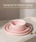 GBHOME 12-Piece Stoneware Dinnerware Set for 4 – Ribbed Ceramic Plates and Bowls, Scratch-Resistant, Microwave & Dishwasher Safe, Reactive Glaze, Blush Veil