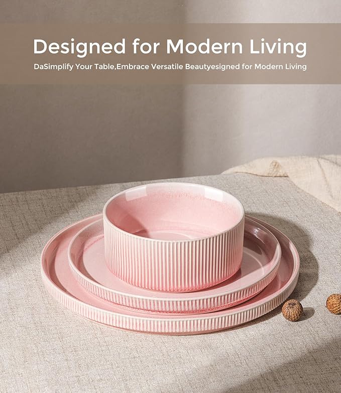 GBHOME 12-Piece Stoneware Dinnerware Set for 4 – Ribbed Ceramic Plates and Bowls, Scratch-Resistant, Microwave & Dishwasher Safe, Reactive Glaze, Blush Veil