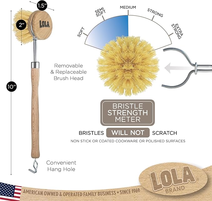 LOLA -The Original - Tampico Vegetable & Dish Brush, Sustainable Wood Ergonomic Handle w/Tampico Fiber Bristles, 1 Count