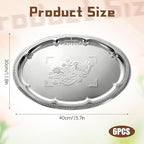 6 Pcs Large Silver Serving Trays, 15.7" x 11.8" Stainless Steel Oval Serving Tray, Decorative Silver Plates, Oval Floral Engraved Tray, Metal Sizzler Plates for Coffee Table, Bar, Party, Club, Home