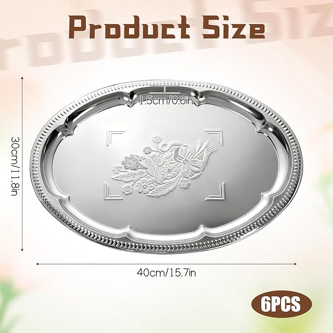 6 Pcs Large Silver Serving Trays, 15.7" x 11.8" Stainless Steel Oval Serving Tray, Decorative Silver Plates, Oval Floral Engraved Tray, Metal Sizzler Plates for Coffee Table, Bar, Party, Club, Home
