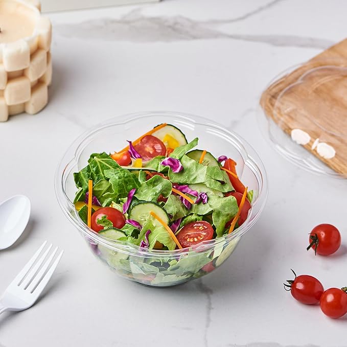 Jaluxing [32 oz. 50 Sets Clear Plastic Salad Bowls with Airtight Lids Disposable To Go Mixing Containers Serving for Fruit, Quinoa, Lunch and Meal Prep
