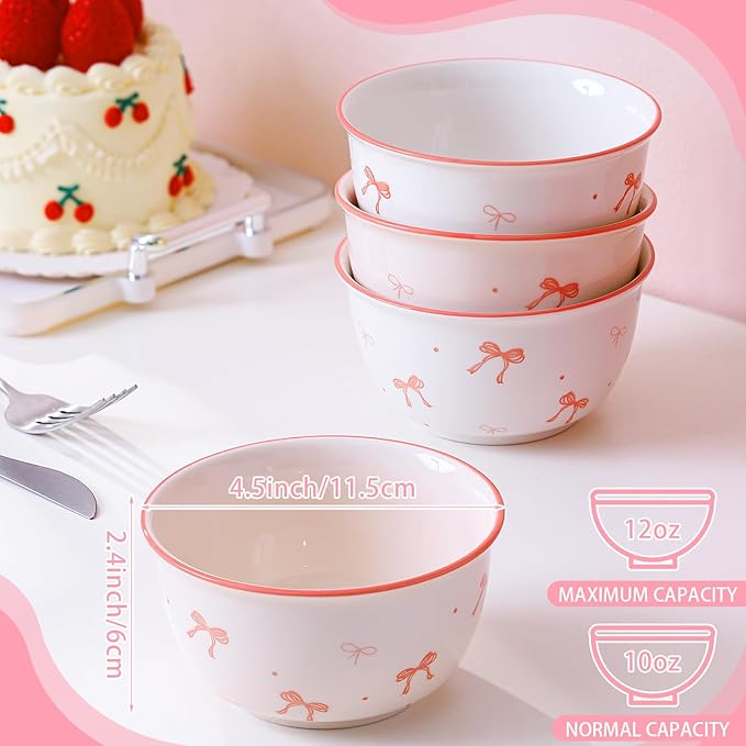 Maxdot 4 Pcs Pink Bow Ceramic Bowls Set 10oz Coquette Cute Soup Bowl Preppy Dessert Pudding Fruit Salad Decorations for Kitchen Decoration Pink White Bowl
