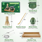Matcha Whisk Set with Bamboo Tray - Bowl with Spout, Whisk and Holder, Bamboo Scoop, Sifter, Japanese Matcha Kit Tea Ceremony Gift for Women
