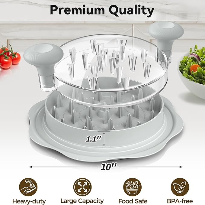 10" Pro Chicken Shredder Tool Twist Large for Kitchen, BPA-Free Food-Safe Meat Grinder, Visible Chicken Breast Meat Shredder with Strong Anti-Slip Bottom & Ergonomic Handle, Gray