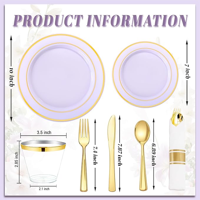 WDF Partyware 350PCS Purple Plates Disposable - Purple Plastic Plates 50Guests Lavender Disposable Dinnerware Sets with Rolled Napkins for Wedding/Birthday/Baby Shower/Mother's Day