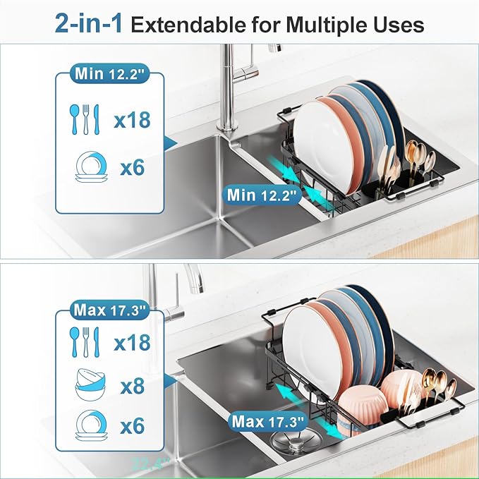 iSPECLE Small Sink Dish Drying Rack, 9" W Expandable Compact Rust Resistant Dish Drainer for RV Apartment Kitchen, Dish Rack with Lock Knob, Arms with Non Slip Rubber, Black