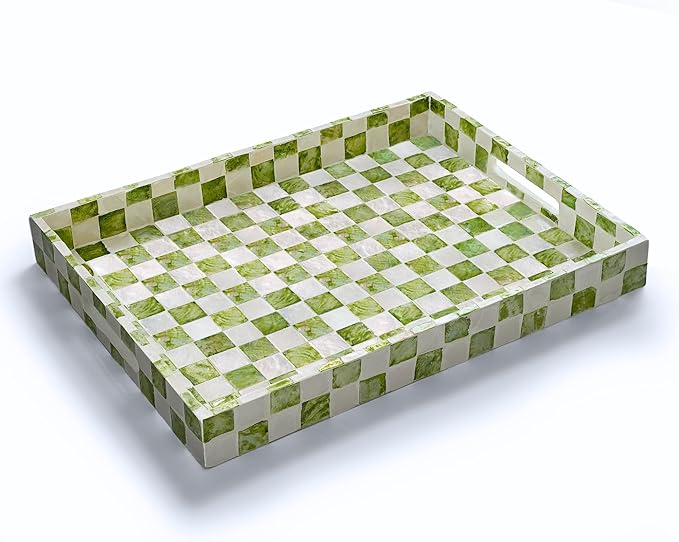 CHI AN HOME 15.8" x 11.8" Decorative Rectangular Tray with Natural Capiz Shells, Checkered Tray with Handles, Serving Tray for Ottoman, Coffee Table, Kitchen Counter Home Decor (Pistachio Green)