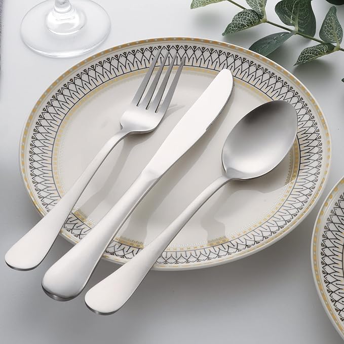 60 Piece Silverware Set for 12, LIANYU Stainless Steel Flatware Cutlery Set Includes Knives, Forks and Spoons, Modern Tableware Set for Home Restaurant Party, Matte Finish, Dishwasher Safe