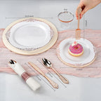 Bestluck 175PCS Rose Gold Plastic Plates for 25 Guests, Disposable Dinnerware Sets Include 50 Rose Gold Rim Plastic Plates, 25 Silverwares and 25 Cups, 25 Pre Rolled Napkins for Party, Graduation