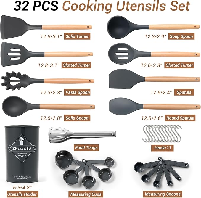 77L Silicone Cooking Utensils Set with Holder 32 PCS, Non-Stick Kitchen Cooking Utensils Set, Spatula, Turner, Tongs, Spatula, Spoon, Wooden Handle Kitchen Gadgets Utensil Set, Dishwasher Safe